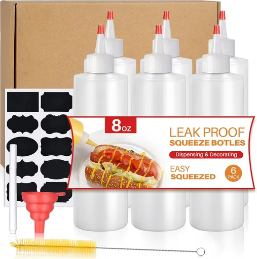 Squeeze Bottles, 8oz Plastic Condiment Squeeze Bottles with Labels & Funnels & Brusher for Liquids Sauces Ketchup Oil, 6 Pack