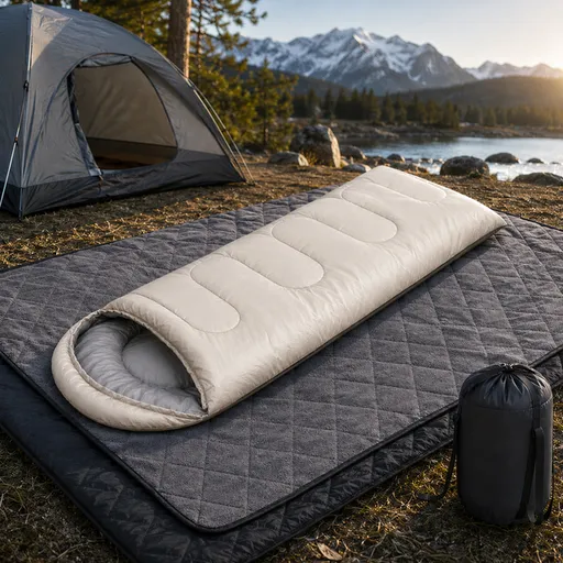 2-in-1 Winter Camping Warmth Kit with Carry Bag: 210 * 75cm Beige Portable Waterproof Warm Sleeping Bag and 200 * 140cm Large Black Double Layer Waterproof Fleece Camping Blanket for Hiking Travel Indoor Outdoor Use