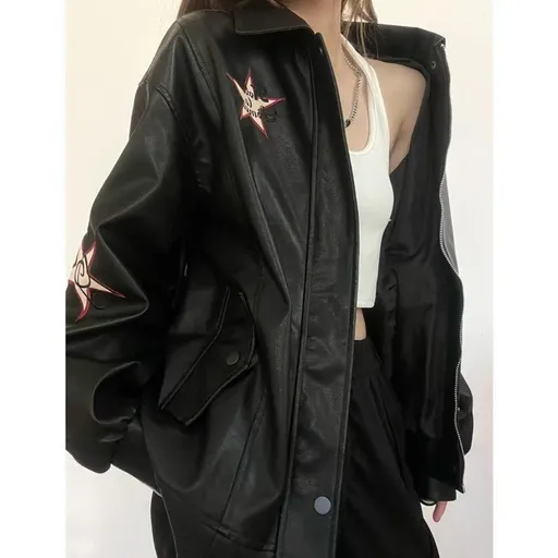 Women PU Leather Jacket Black Polo Collar Zipper XL 125 to 145kg