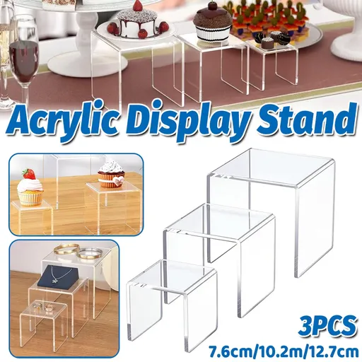 3PCS Clear Square Acrylic Display Stands for Jewelry Rings Watches Dessert Use