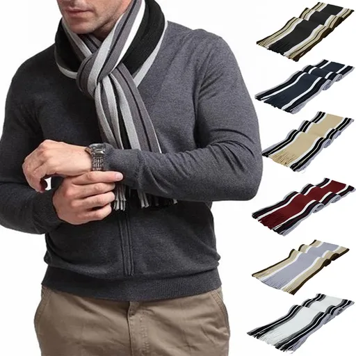 Men's Winter Scarf - Classic Striped Tassel Edge Soft Warm Scarf, Woolen Yarn Knitted Scarf Grey
