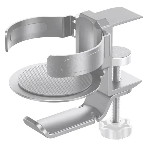 Silver 2-in-1 Rotating Headphone and Cup Holder - No-Drill Aluminum Alloy Desk Clamp Mount for Over-Ear Headsets and Beverages - Space-Saving Organizer for Home Office and Gaming Setup