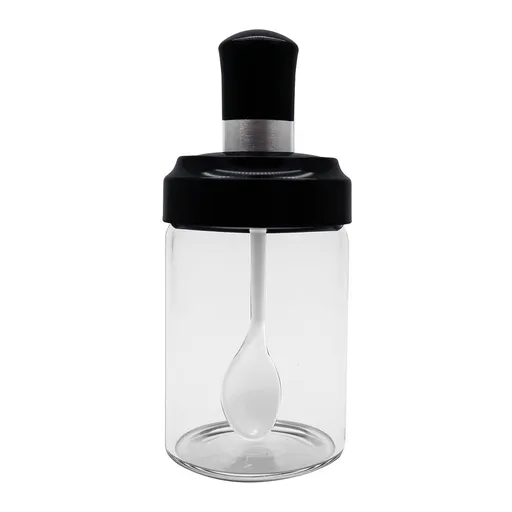 2 pack Condiment Pots with Spoon and Lid Clear Glass Containers Jars for Storing and Dispensing Spice Salt Sugar Pepper（250ml）