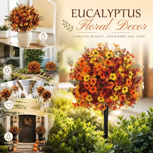 Mixed Autumn Artificial Eucalyptus & Violet Stems Home Garden Stake Photo Prop