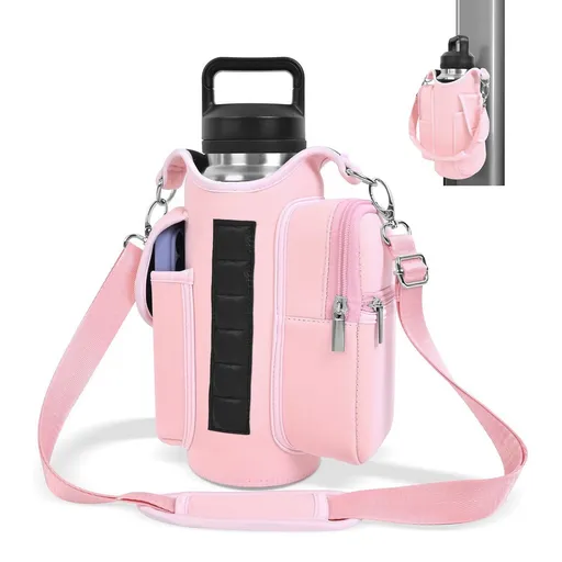 6-Magnet Suction Fitness Water Bottle Bag: Comes with Phone Pocket + Multi-Pocket Crossbody Design, Adjustable Shoulder Strap, Compatible with Treadmill and Squat Rack, Thickened Wear-Resistant Sports Essential/pink