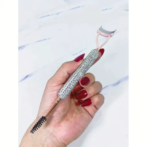 Dual-Ended Rhinestone Eyelash Comb and Spiral Brow Brush for Daily Makeup, Lash Grooming, Eyebrow Shaping, Portable Beauty Tool for Beginners and Professionals (White)
