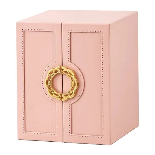 Pink 1 Large Faux Leather Jewelry Storage Box with 5 Drawers and Gold Handles - An elegant rectangular storage space for rings, necklaces, bracelets, earrings, and watches - Features soft fabric lining, side door design, textured surface finish - Lu