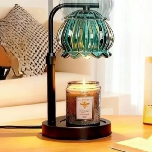 Adjustable Timed Dimmable Candle Warmer Lamp, Wooden Base Smokeless Aroma Table Lamp, Candle Not Included—Green