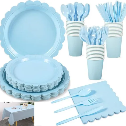 7-Piece Light Blue Scalloped Party Tableware Set for 50 Guests - Disposable Paper Plates 7 / 9 inch, 9oz Cups, Napkins, Cutlery with Matching Tablecloth for Birthday, Baby Shower, EOFY Event