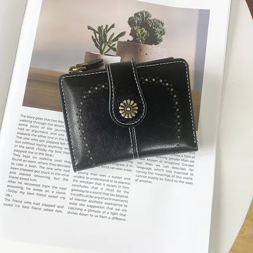 Vintage PU Leather Women's Short Wallet Elegant Zipper Coin Pocket Compact Size Black