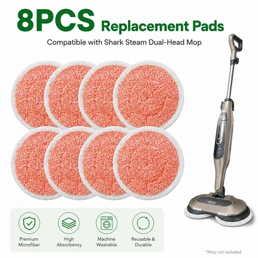 Style 1 Shark Steam Dual-Head Mop Replacement Pads 8 Pack - 7.5 Inch Reusable Round Microfiber Scrubbing Pads Compatible with Shark S7000, S7201, S8001, S8201, S7001, S7000AMZ, S7001TGT, S7005, S7020