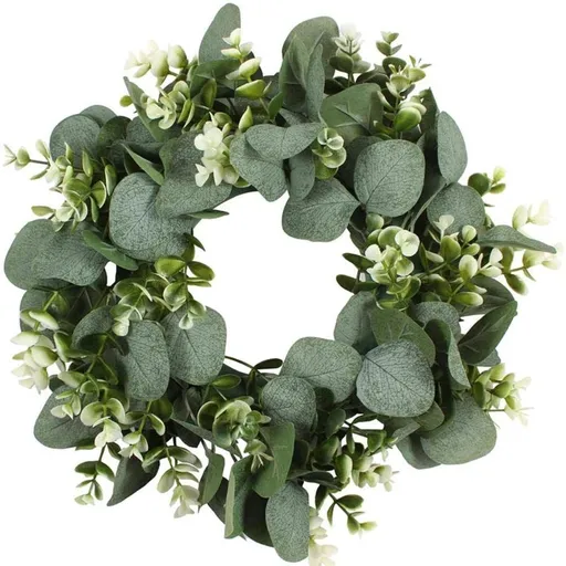 Artificial Green Wreath Wall Hanging Spring Door Decoration with Flowers & Ribbons (Large Money Eucalyptus Garland (White)