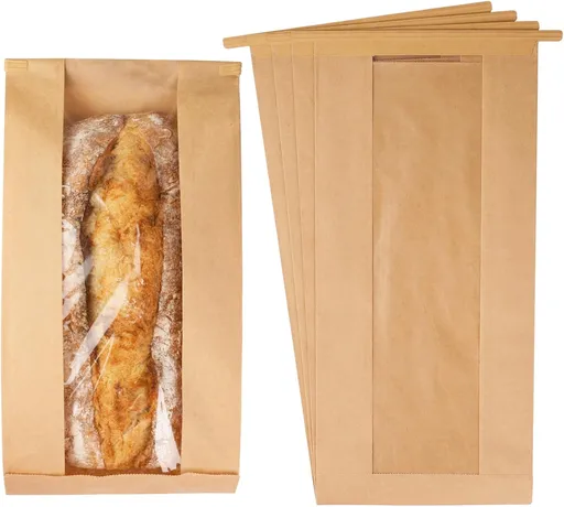 50 Pack Long Paper Bread Bags with Tabs for Homemade Sourdough, Resealable Bakery Bags with Window for Oval Sourdough Bread, Loaves, Pastries, Baguettes (6.3x2.7×13.7 Inches) | Grease Resistant