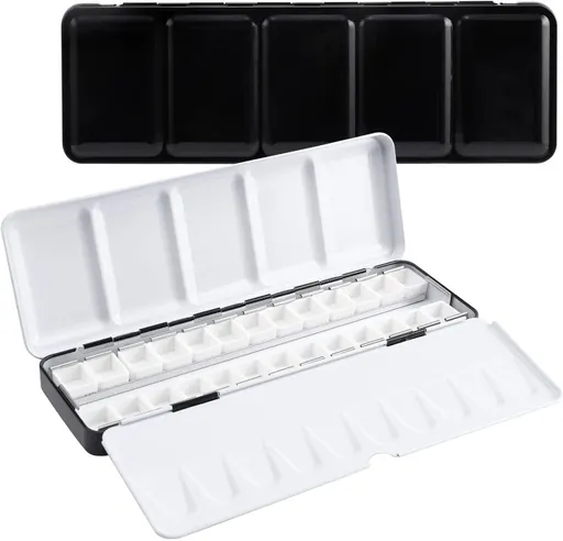 Watercolor paint box - 1 piece - Palettes - Paint box - Watercolor palette - Watercolor Palette Paint box - metal watercolor tin - with 26 small squares - foldable - with lid - for travel, gouache, oil paint, painting - 22*7*2 cm - black