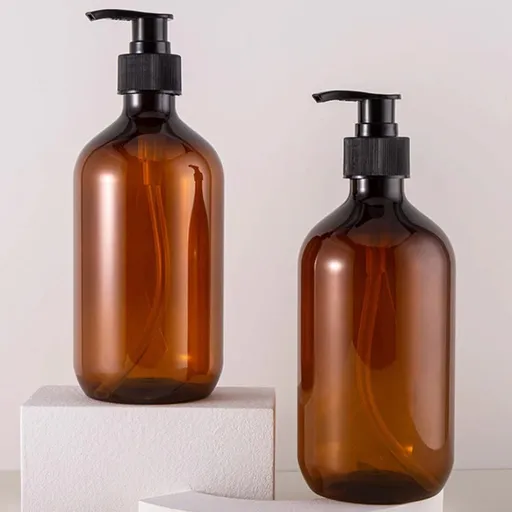 500ml Amber Boston Round Thick Bottle with Black Lotion Pump (2 pack) Refillable bottles are easy to clean, reuse