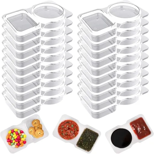 40 Sets Double Compartment Condiment Containers with Lids, 2025 New Disposable Portion Cups Reusable Plastic Snack Container for to-go Sauce, Sampling with Box Package White