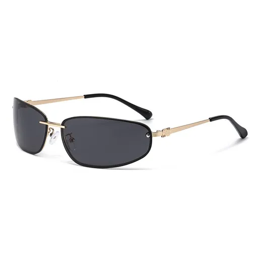 Gold-rimmed Black-and-grey Lenses 2PCS Retro Y2K Rimless Oval Sunglasses for Women | Fashion Metal Frame Old Money Aesthetic | Sweet Cool Spice Girl Sunnies