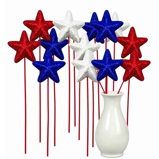 12 Pcs Glitter Star Pick 8.66' Sparkly Twinkle Star Stem 4th of July Patriotic Puffy Foam Decoration Stars Flower Arrangements Baby Shower Wedding Centerpieces, Red White Blue