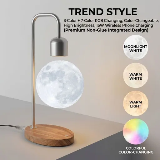 Levitating Moon Lamp with 15W Wireless Charger – 3D Printed Lunar Sphere, Real Wood Base, 3 Ambient Light Modes + 7 RGB Colors, Smart Desk Lamp for Home Office Decor and Gift Giving (Trend,3‑Color+7‑Color RGB,Color‑Changeable,High Bright,15W Wireless