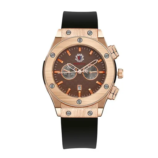 Men's Watch Calendar Quartz 44mm Gold Shell Brown Surface Silicone Strap