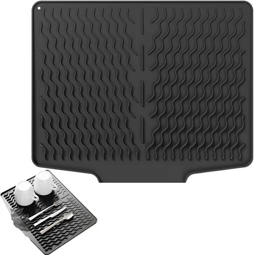 39*32 cm - Drain mat - Countertop drying mat - Foldable silicone drainer - kitchen drying mat - non-slip - silicone draining mat - for the sink, for kitchen utensils, cups, fruit and vegetables - black