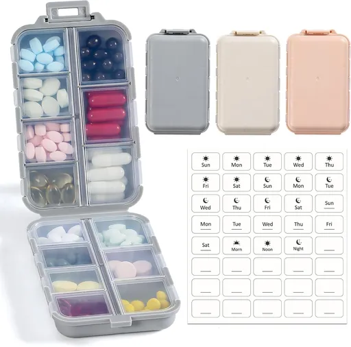14 Grids Pill Organizer Box with Labels, Travel Medication Holder Dispenser Case Kit, Pocket Daily Pharmacy Container for Fish Oil Vitamin Supplement Storage, Khaki Pink Grey, 3 Pack Khaki+pink+grey