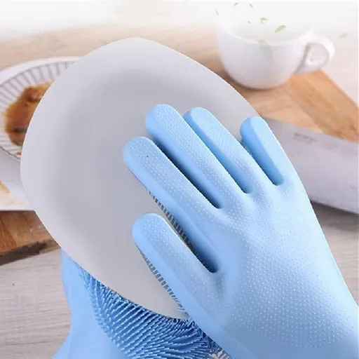Silicone Dishwashing Gloves Magic Wash Scrubber,for a Pair More Durable Kitchen cleaning gloves blue