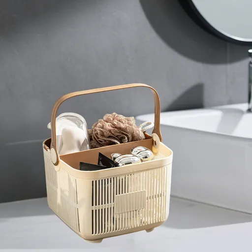 Shower Caddy with Dry Wet Separation - Portable PP Plastic Bath Tote for College Dorms, Large Bathroom Organizer Basket with Drain Holes & Rust-Free Hooks 9.4×6.7 in White