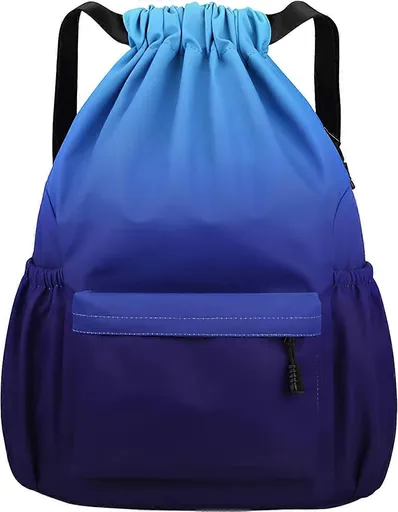 Nylon Gradient Drawstring Sports Backpack Water-Resistant Gym Bag with Multiple Pockets Dark Blue - S