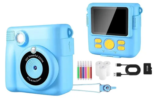 Instant Print Camera for Kids Zero Ink Print Photo Camera with 32G TF Card-Blue