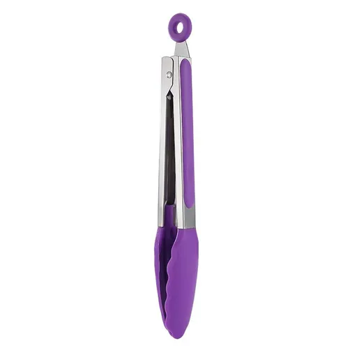Premium Stainless Steel BPA Free Silicone Non-Stick Grilling Barbeque Cooking Locking Food Tongs, Purple