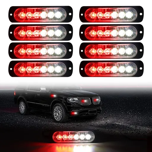 LED Emergency Strobe Lights, 8x Red White 6 LED Strobe Warning Emergency Flashing Light Caution Construction Hazard Light Bar For Car Truck Van Off Road Vehicle Surface Mount