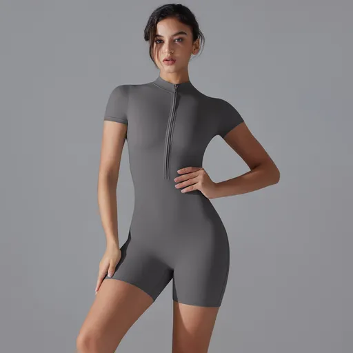 Bodysuit Summer Zip-Up Short Sleeve Size M Dark Grey High Stretch Yoga Dance Outfit
