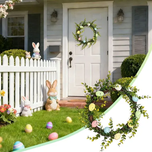 Easter Wreaths for Front Door Artificial Round Rattan Wreath Half Coverage Spring Floral Wreath with Bunny, Easter Egg and Burlap Bow for Farmhouse Holiday Wall Home Window Decor, D