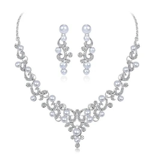 Wedding Bridal Jewelery Set Crystal Simulated Pearl Necklace Dangle Earrings for Women Rhinestone Accessories for Women and Girl