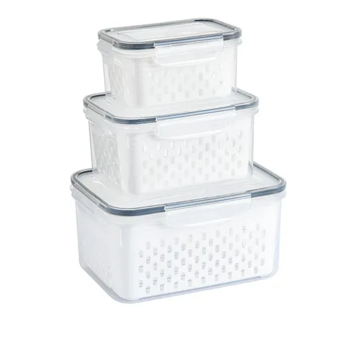 3 Piece Drain Storage Basket Box Transparent Leakproof Food Storage Containers with Removable Colander for Fridge
