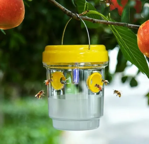 Solar Wasp Bee Trap, Outdoor Hanging LED Light Reusable Catcher for Outside Brush Included, DIY Bait, Fits Hornet, Yellow Jacket, Wasp & Carpenter Bee, All-day Outdoor Use for Garden, Orchard & Farm Visit the Stingmon Store - Yellow - Size 1Pack