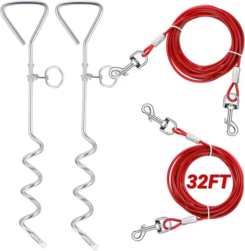 2 Set Dog Tie Out Cable and Stake - 30ft Leash Chain, 16" Spiral for Outside Yard Medium to Large Dogs up 125 Lbs (Red) Red