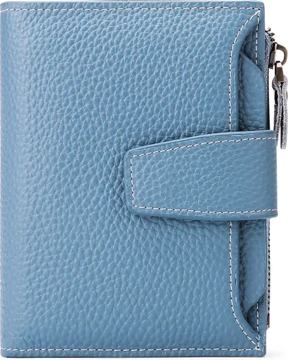 Womens Genuine Leather RFID Blocking Wallet, Compact Card Holder With 14 Card Slots And Zipper Coin Pocket, Light Blue