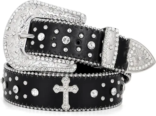 Rhinestone Belt for Men Women, Western Cowboy Cowgirl Belts Bling Leather Belt With Cross and Diamond for Jeans
