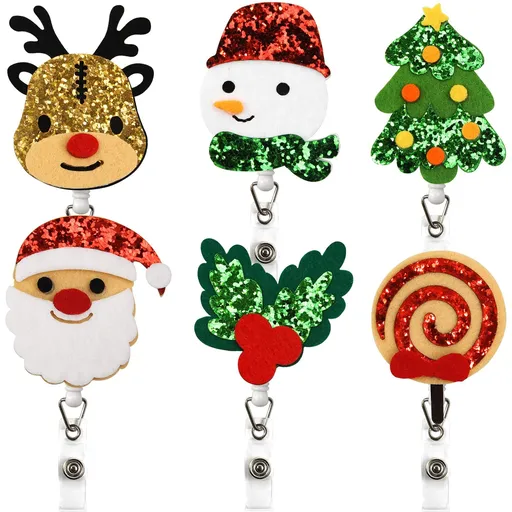 Christmas Felt Badge Reel Holder 6PCS Retractable Glitter Holiday Nurse Badge Reels Teacher Doctor School Office