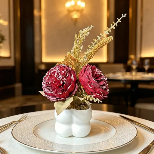 Light luxury simulated peony potted plant, handcrafted petals realistic and full, pumpkin planter round and versatile, no maintenance ready to display upon opening, brightens up new Chinese-style home spaces.(wine red)