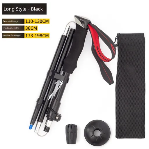 Long Black Ultralight Foldable Hiking Pole - Adjustable Aluminium Trekking Stick with EVA Grip for Outdoor Walking & Climbing