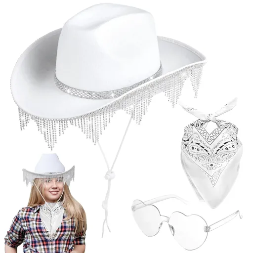 3PCS Sparkly Cowgirl Hat Set, Rhinestone Tassel White Cowgirl Hat with Heart-Shaped Glasses & Scarf, Western Style for Parties Festivals