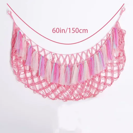 Pink Hand-Woven Cotton Rope Plush Toy Hammock - Wall Organizer with Tassels, Decorative Toy Net (150 x 40cm)