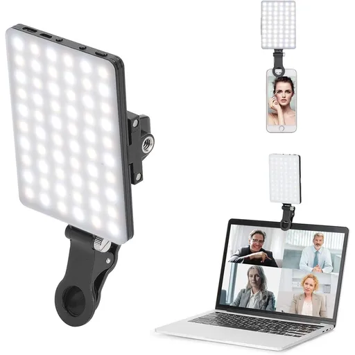 60 LED High Power Rechargeable Clip Fill Video Conference Light with Front & Back Clip, Adjusted 3 Light Modes for Phone, iPhone, Android, iPad, Laptop, for Makeup, TikTok, Selfie, Vlog