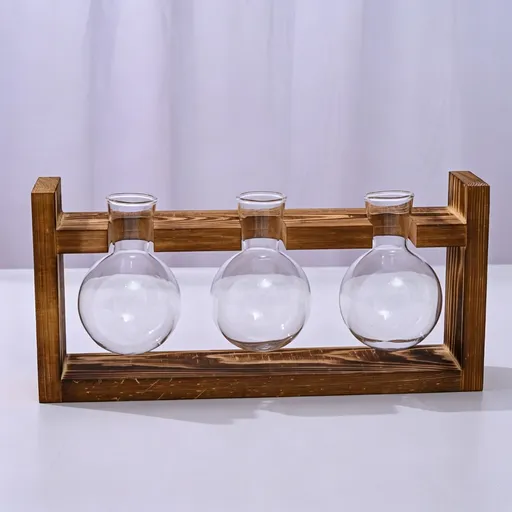 Triple Round Glass Vases with Snap-Fit Wooden Stand | Christmas Lush Layered Gift | 3-Piece Hydroponic Glass Planter Set Desktop Plant Display