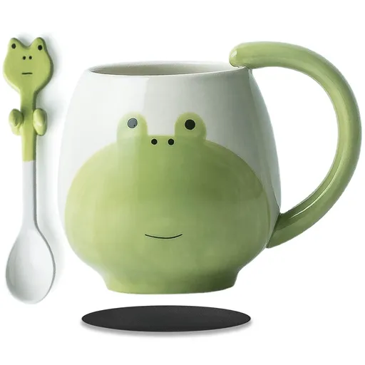 Cute Frog Coffe Mug with Spoon Frog Print Stuff Gifts Ceramic Tea Coffee Cup Frog Mugs Funny 3D Animal Frog Mug Birthday Gifts