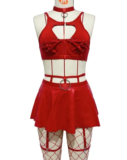 House Of Dasein Lace Sexy Lingerie Set Bra Solid Color Leather Skirt With Fishnet Stockings Women's - Red - Xl
