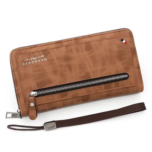Vintage PU Leather Long Wallet for Men, Zipper-Around Phone Clutch with Detachable Wrist Strap - Light Brown
